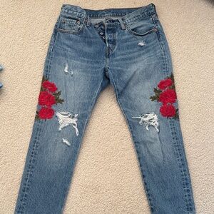 Embroidered 501 levi's  Jeans with Red Floral Accents